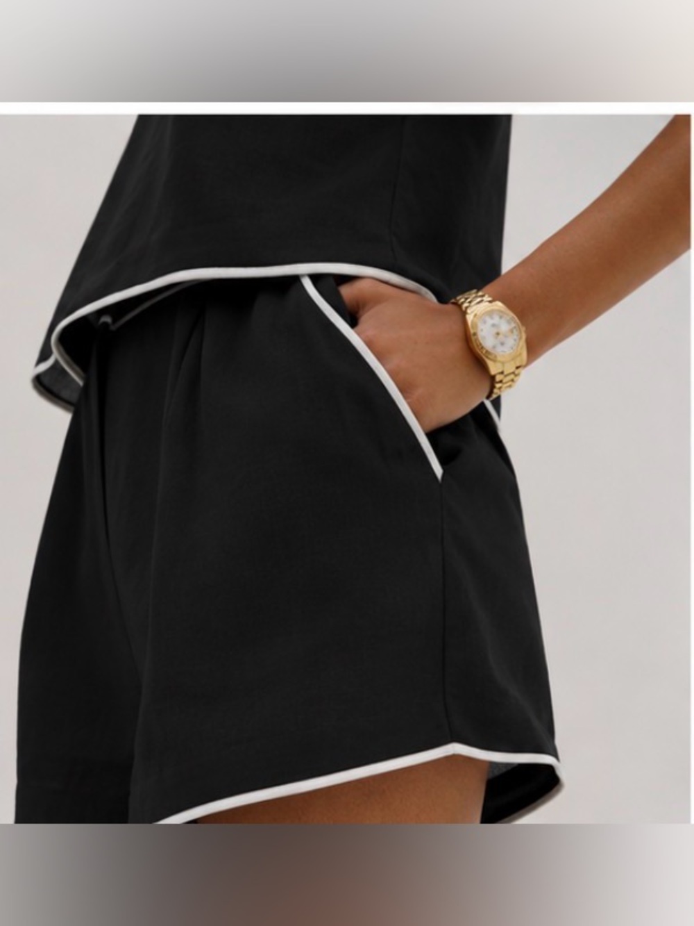 Black Pure Cotton Contrast-Trim Shorts Set - Picture 2 of 4
